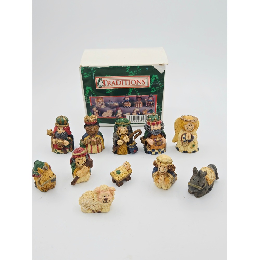 Traditions Vtg 11 Piece Resin Miniature Nativity Set Whimsical Folk Art X2081